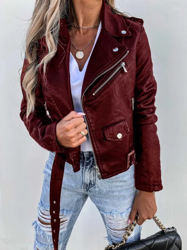 Jacket Top PU Leather Coat Short Zipper Wine Red - Shop at LoveMi