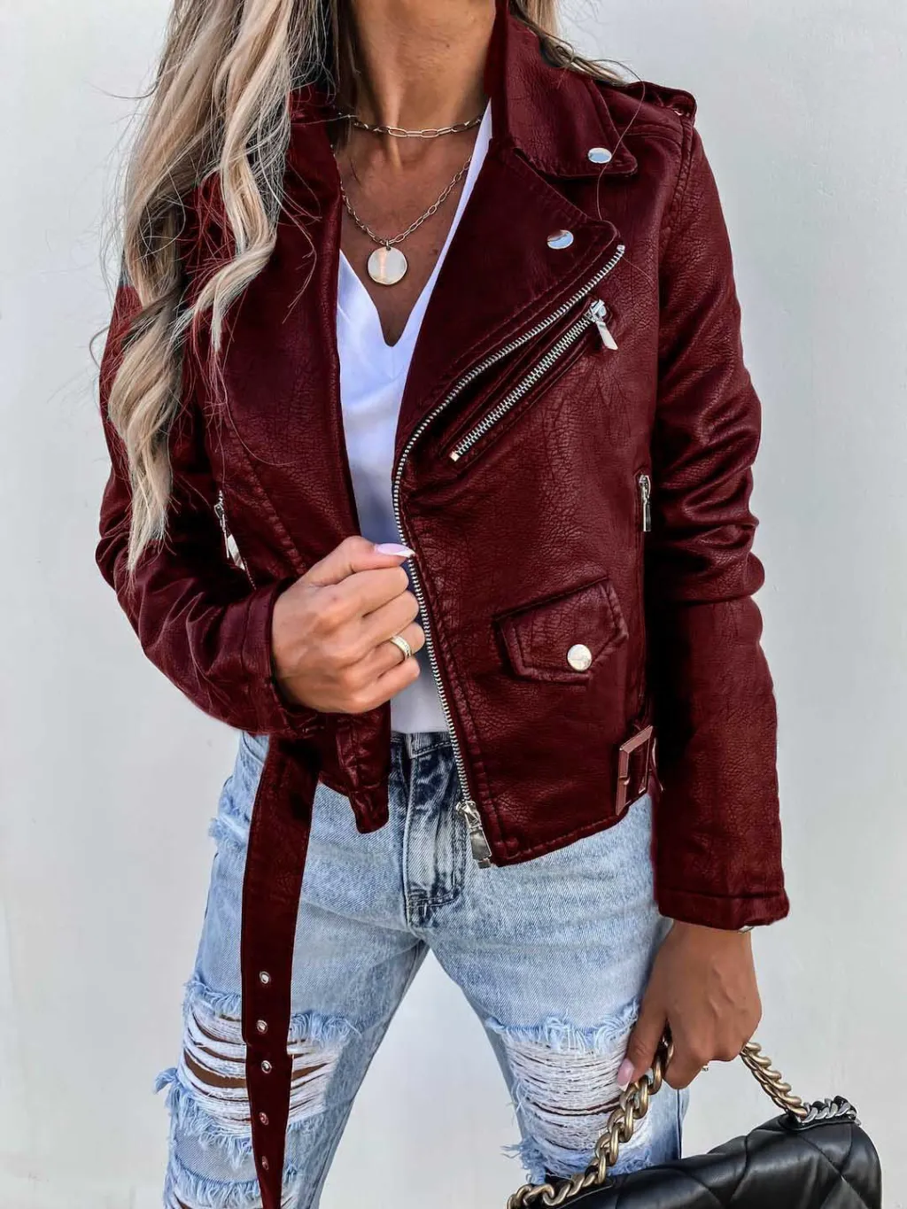 Jacket Top PU Leather Coat Short Zipper - Wine Red