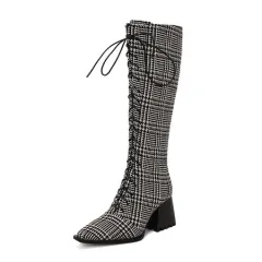 European And American Autumn And Winter Thick Heel Boots Cross Lace Loop - Plaid-37 - View 1
