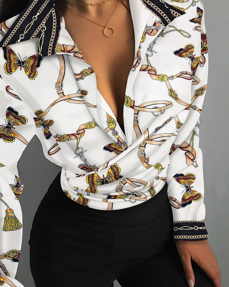 Women's Loose Long-sleeved V-neck Printed Shirt - White Chain