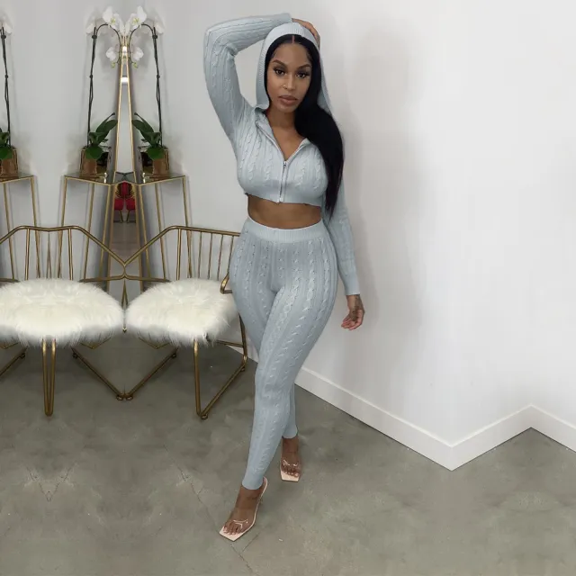 Hooded Women's Top Knitted Skinny Pencil Pants Suit Light Gray - Shop at LoveMi