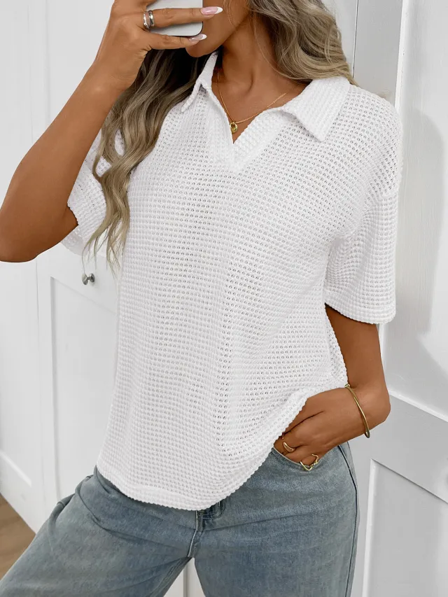 Women's Solid Colored Knitted Pullover T Shirt With Lapel Collar Loose Fit Short Sleeves White - Shop at LoveMi
