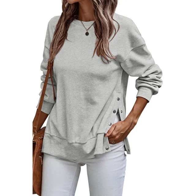 Solid Color Pullover Women's European And American Leisure Style Slit Loose Flab Hiding Long Sleeve Bathroom Lc25316883P3011Color M - Shop at LoveMi
