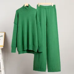 Loose Casual Lazy Thickened Knitting Trousers Suit - Dark Green - View 1