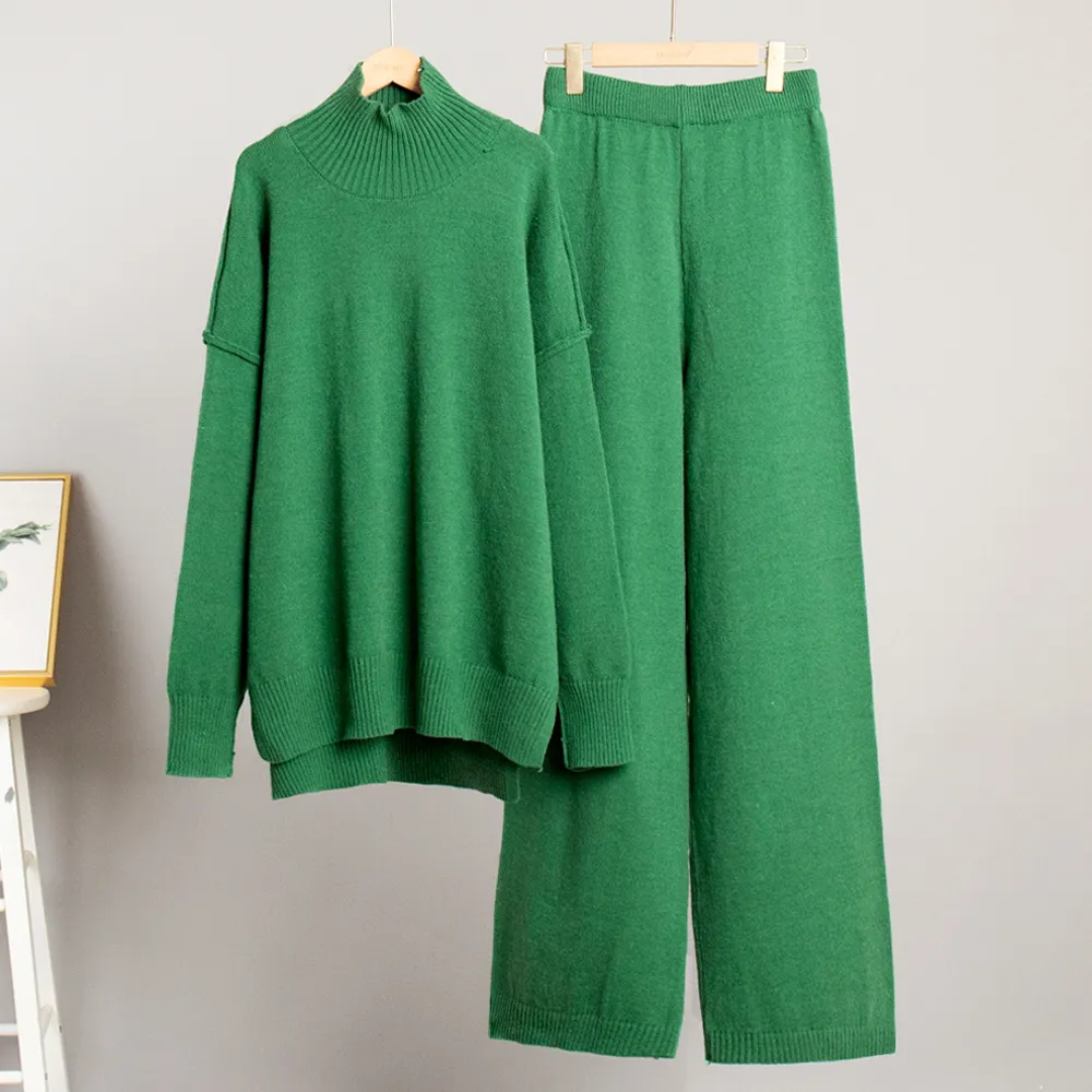 Loose Casual Lazy Thickened Knitting Trousers Suit - Dark Green