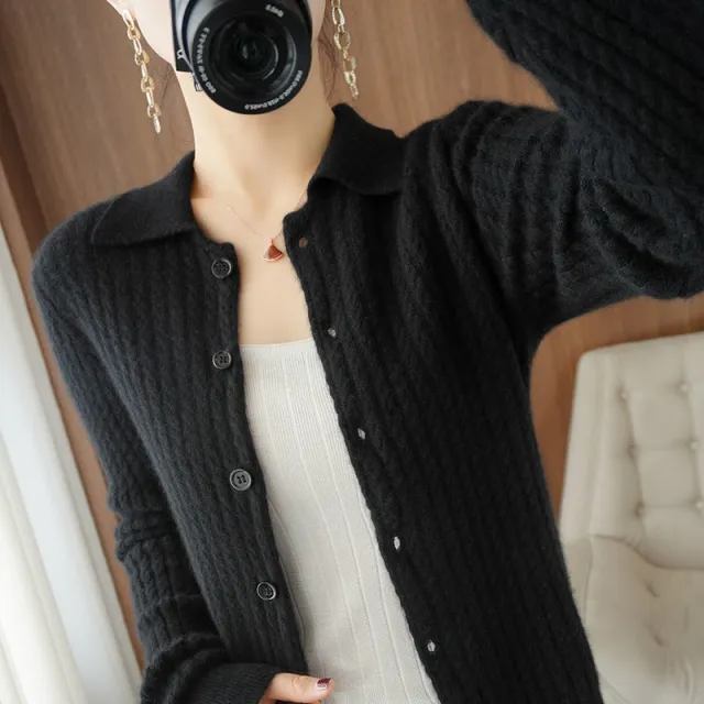 Spring And Autumn New Western Style Lapel Knitted Sweater Black - Shop at LoveMi