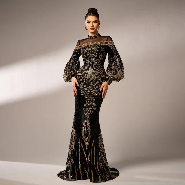 Long Sleeve Round Neck Sequins Mesh Fishtail Evening Dress Black - Shop at LoveMi
