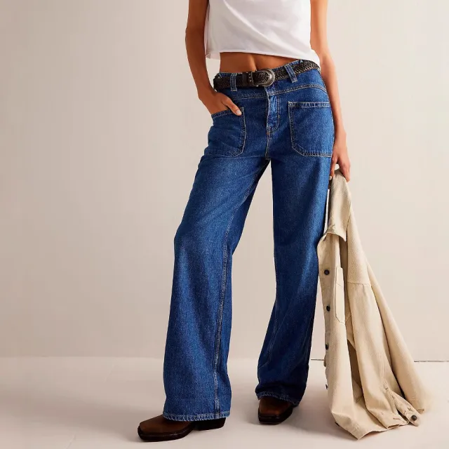 Fashion Wash Straight Wide Leg Women's Jeans Dark Blue - Shop at LoveMi