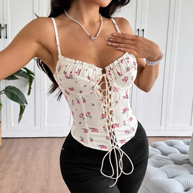 Spliced Lace up Fishbone strapped Camisolebra Top Apricot - Shop at LoveMi