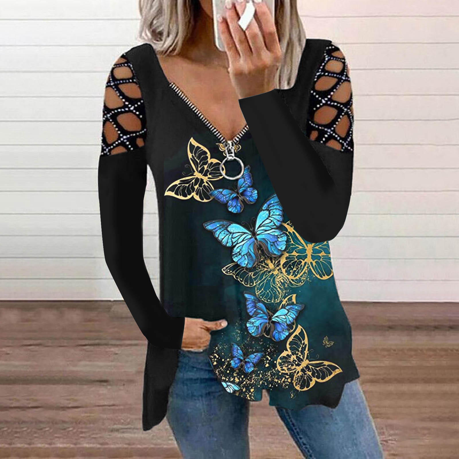 Women's V Neck Perm Drill Cutout Long Sleeve Loose T Shirt Top Small Butterfly Blue - Shop at LoveMi