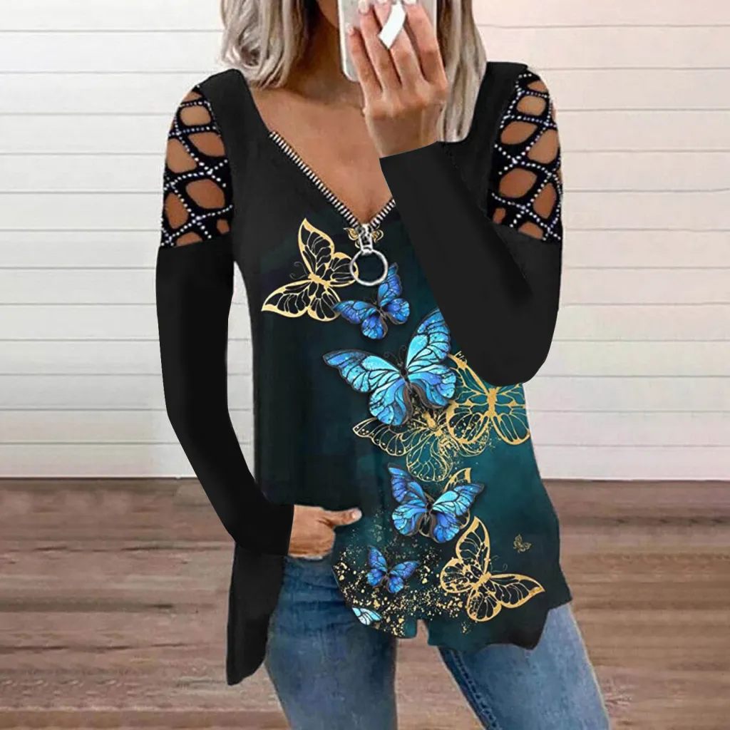 Women's V Neck Perm Drill Cutout Long Sleeve Loose T Shirt Top - Small Butterfly Blue