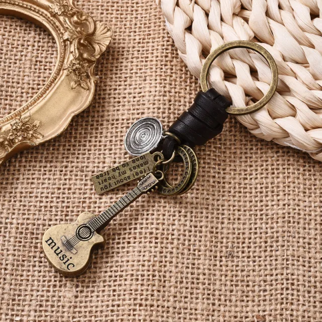 Simple Personality Vintage Guitar Keychain Cowhide Woven Charm Music Lovers Style 1 - Shop at LoveMi