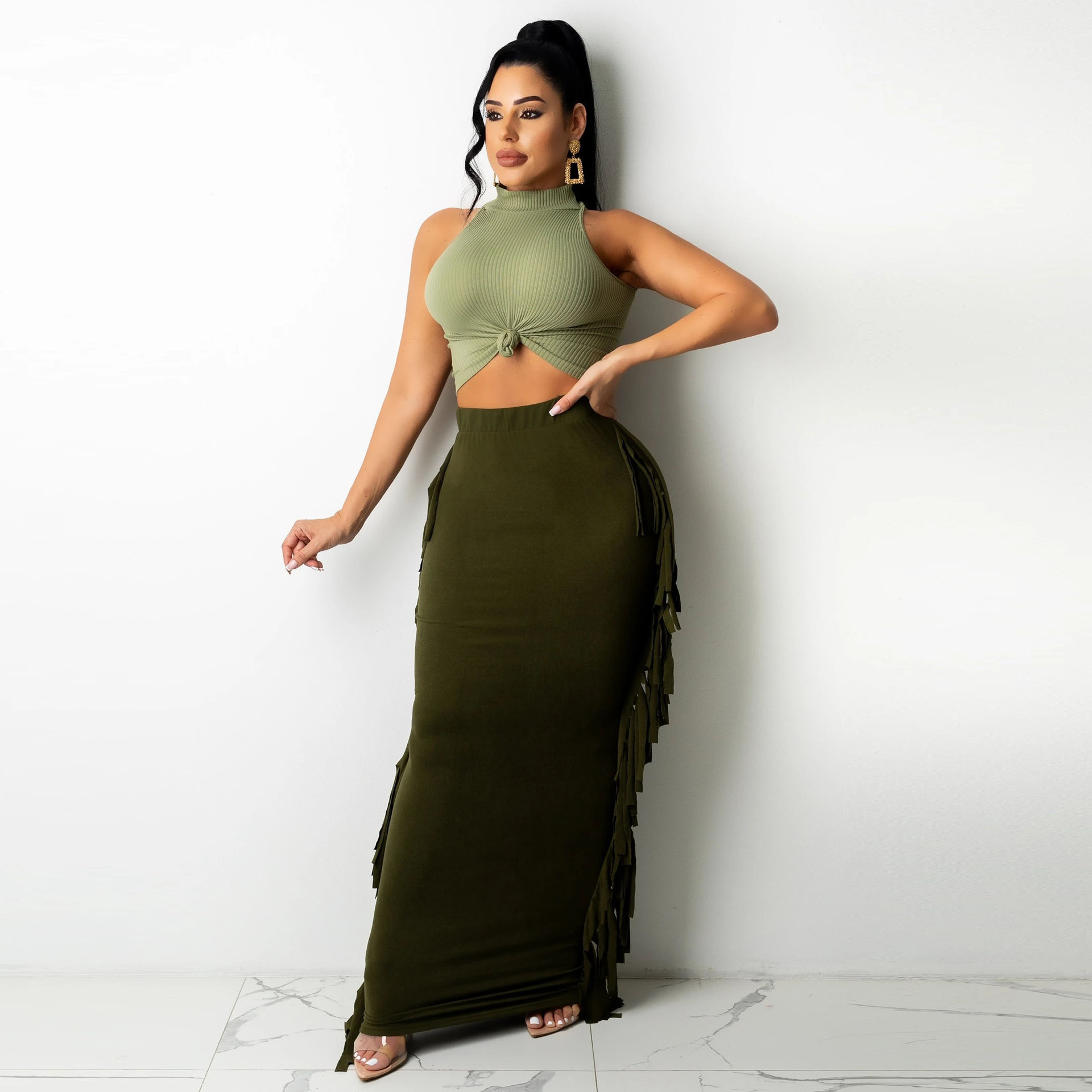 Brushed Fabric Solid Color Tassel Skirt On Both Sides Olive Green - Shop at LoveMi