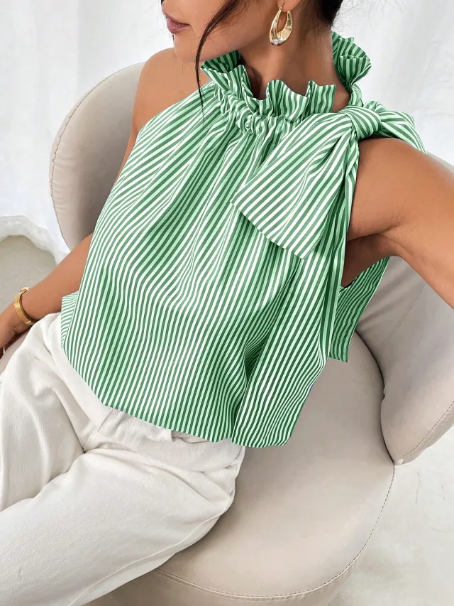 Fashion Casual Sleeveless Striped Lace Turtleneck Top Green - Shop at LoveMi