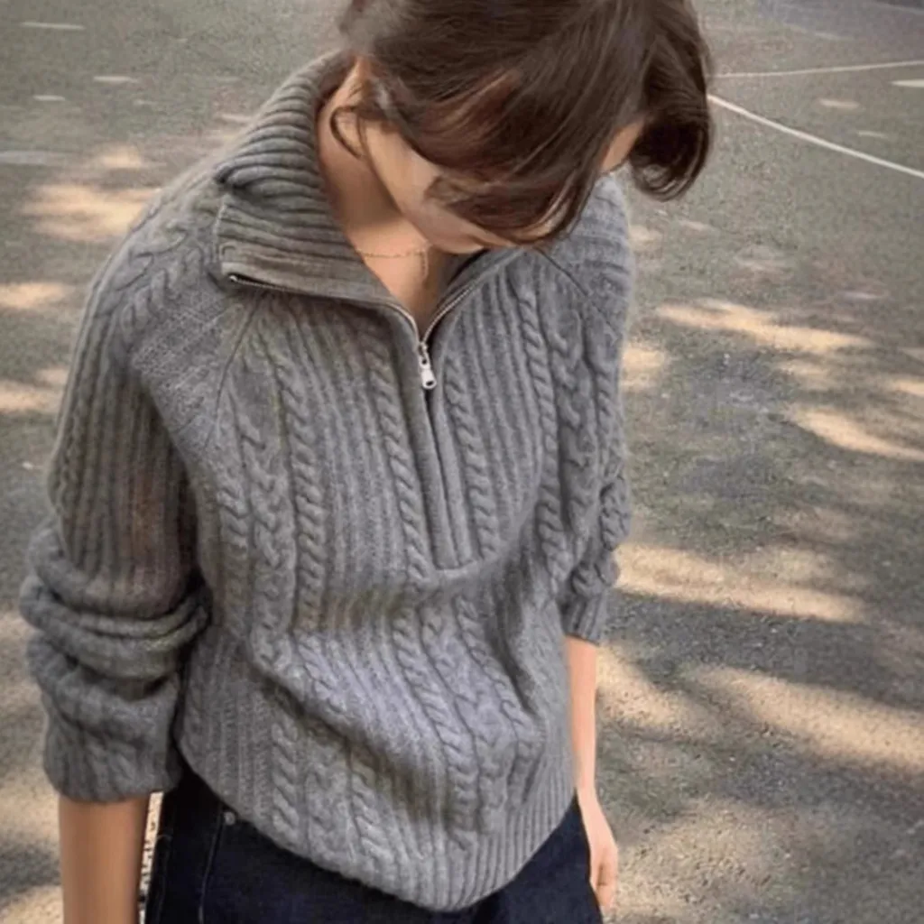 Elegant Lapel Twist Design Loose Casual Sweater Women - Grey