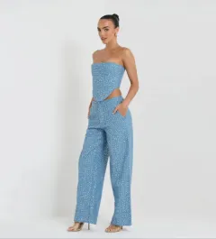 Fashion Denim Sequined Tube Top Wide Leg Pants Suit - Blue Suit - View 1
