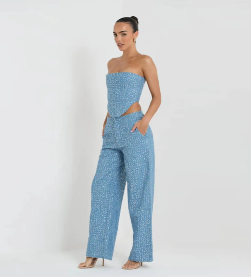 Fashion Denim Sequined Tube Top Wide Leg Pants Suit - Blue