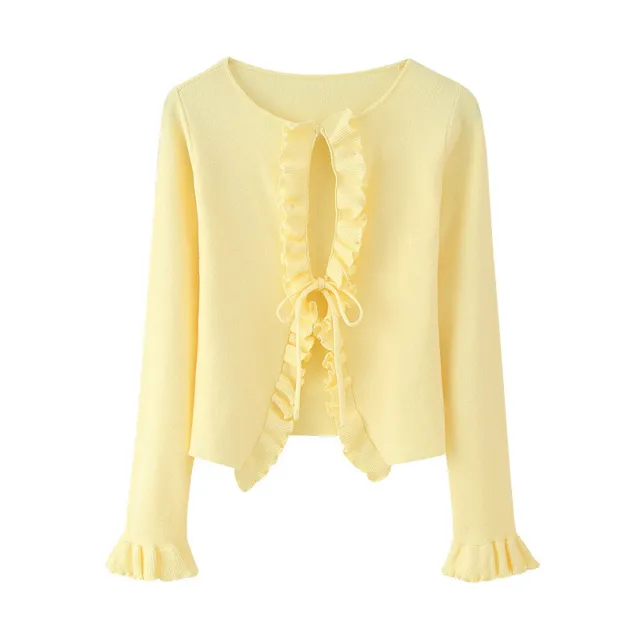 Spring And Autumn Solid Color Two color Lace Stitching Long Sleeve Tied Knitted Cardigan Yellow - Shop at LoveMi