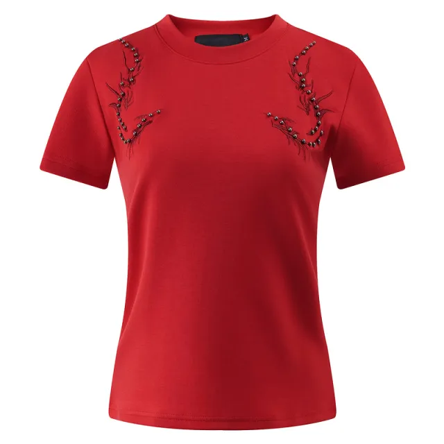 American Niche Creative Embroidery Beaded Shoulder Short Sleeve Red - Shop at LoveMi