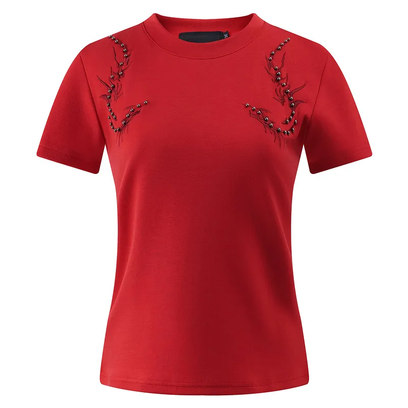 American Niche Creative Embroidery Beaded Shoulder Short Sleeve - Red