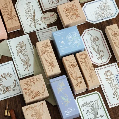 Fresh And Retro Flower Wooden Stamp Artistic Flower Notebook Diy Decorative Material Wooden Seal