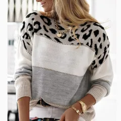 Women's Leopard Print Color-block Crew Neck Casual Sweater Long Sleeve Bottoming Shirt - Apricot - View 1