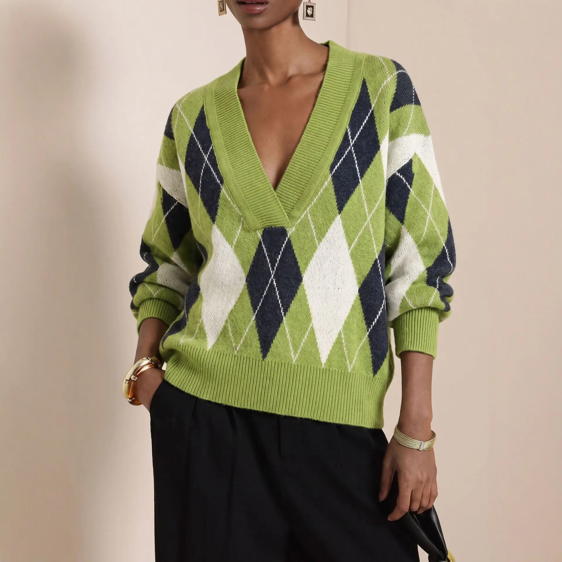 Amazon V-Neck Diamond-Pattern Colorblock Sweater