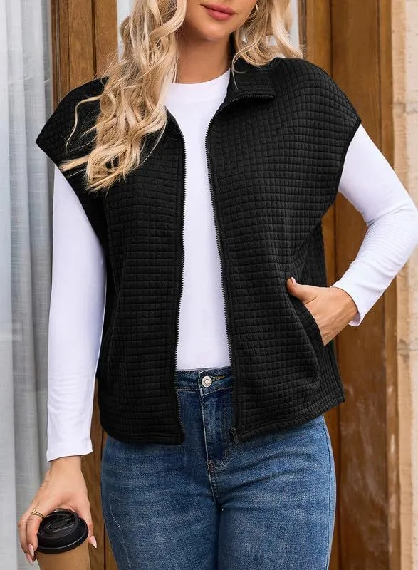 Women's Lapel Zipper Waffle Pocket Sports Vest Black - Shop at LoveMi