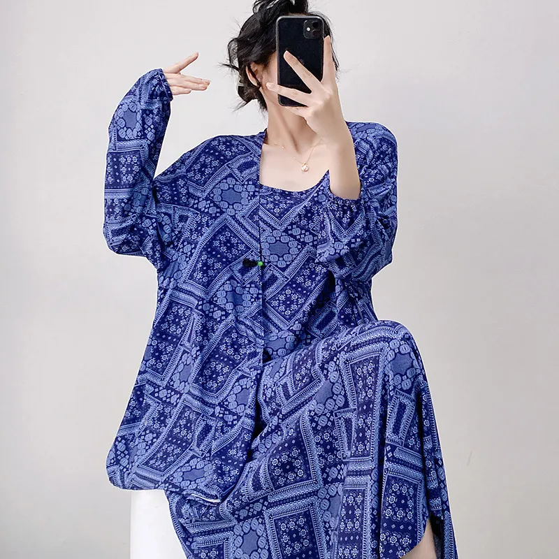 Womens Loose Casual Printed Camisole Dress And Outerwear Set - Blue