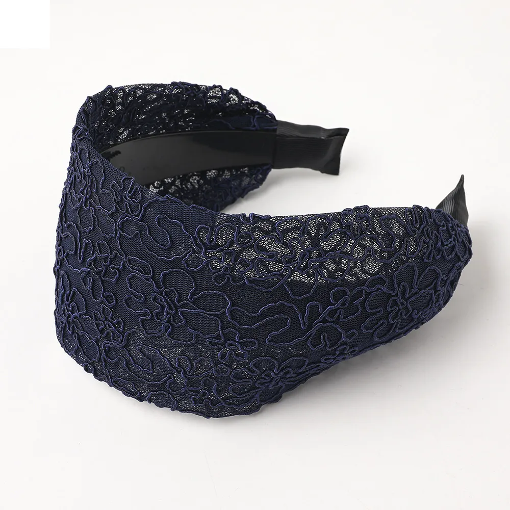 Lace Wide Brim Toothed Hair Hoop - Navy Blue