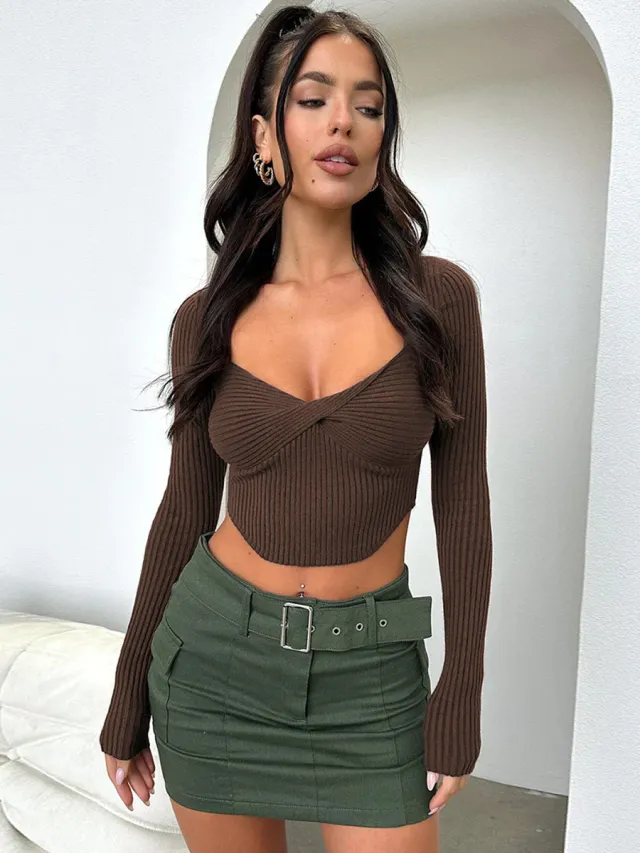 Women's Fashion Temperament Thread V neck Long Sleeve Top Coffee - Shop at LoveMi