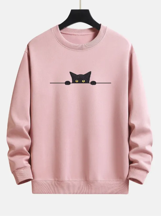 Creative Cat Print Cute Cat Round Neck Sweater Pink Pure Cotton A11 - Shop at LoveMi