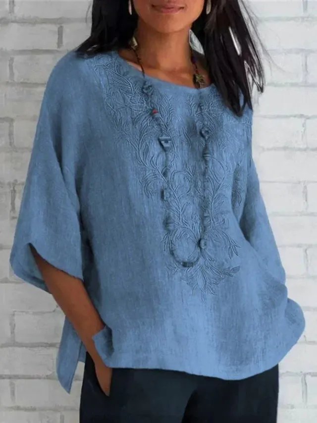 Autumn And Winter Women's Three quarter Sleeve Loose Casual Print T shirt Linen Cotton And Linen Blue - Shop at LoveMi