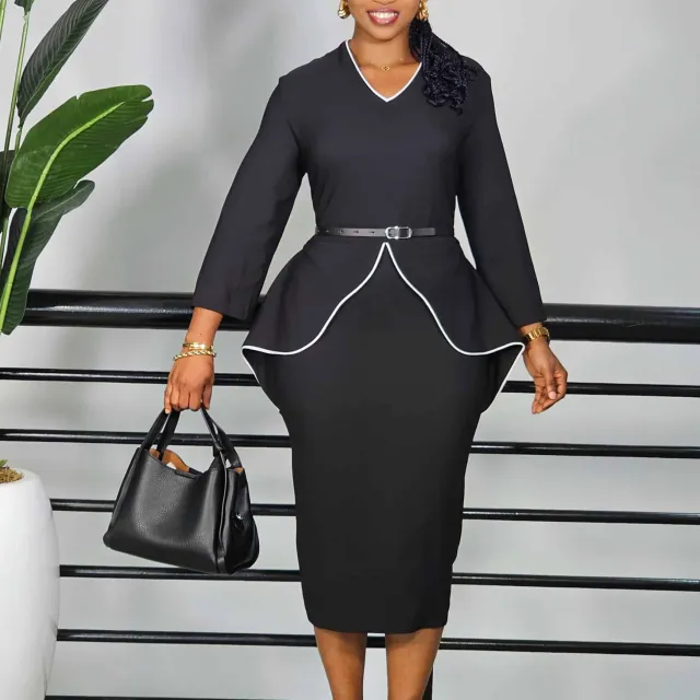 Professional Long sleeve Dress With Ruffled Hem Black - Shop at LoveMi