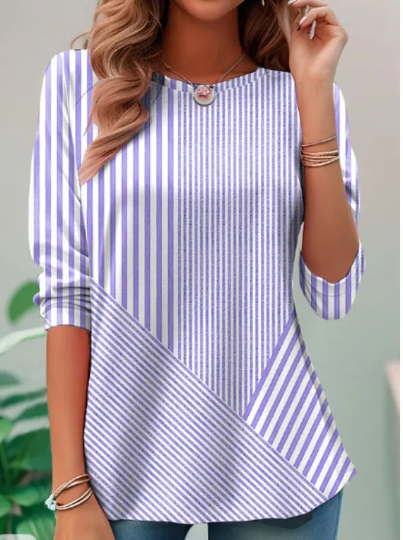 Cardigan V neck Shirt Asymmetric Striped Stitching Cotton And Linen Top Tx11Akj - Shop at LoveMi
