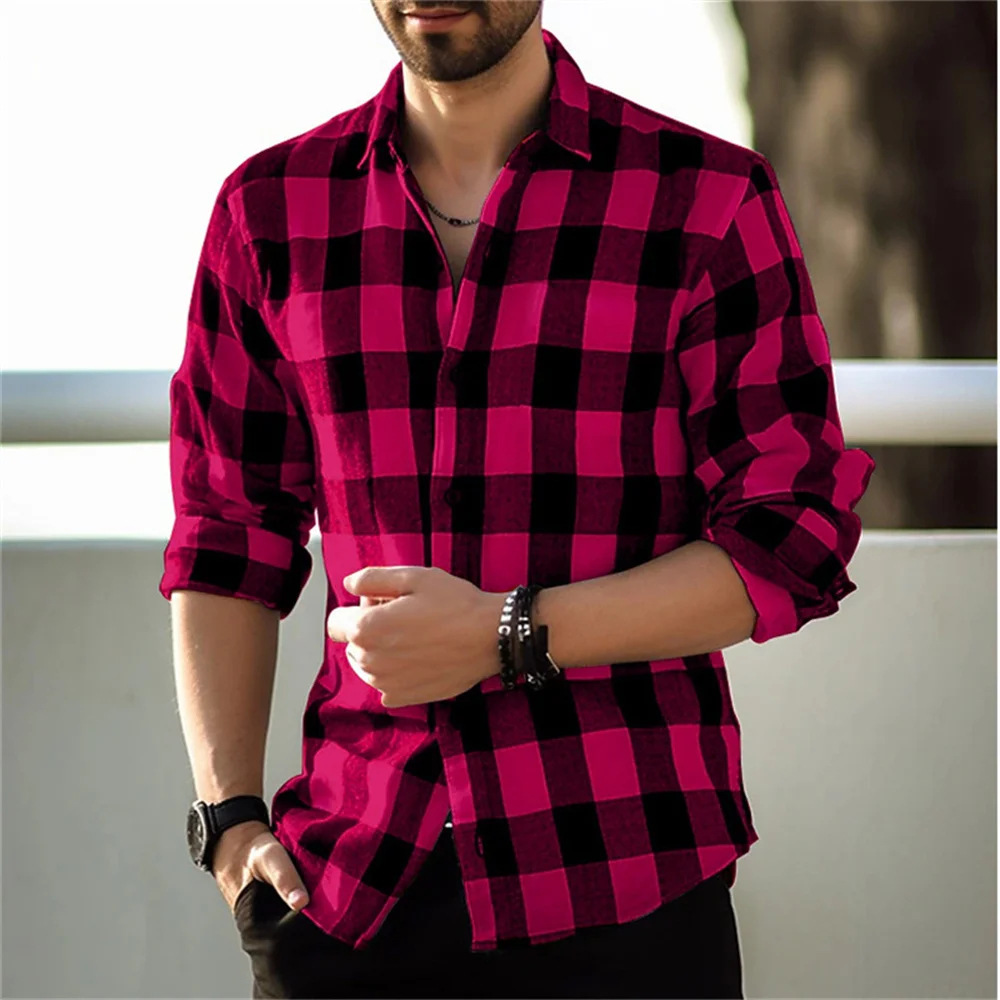 Cool & Chic Hong Kong Style European and American Men's Fashion - 2024 Autumn Long Sleeve Loose Fit 3D Personalized Print Plaid Design Striped Shirt
