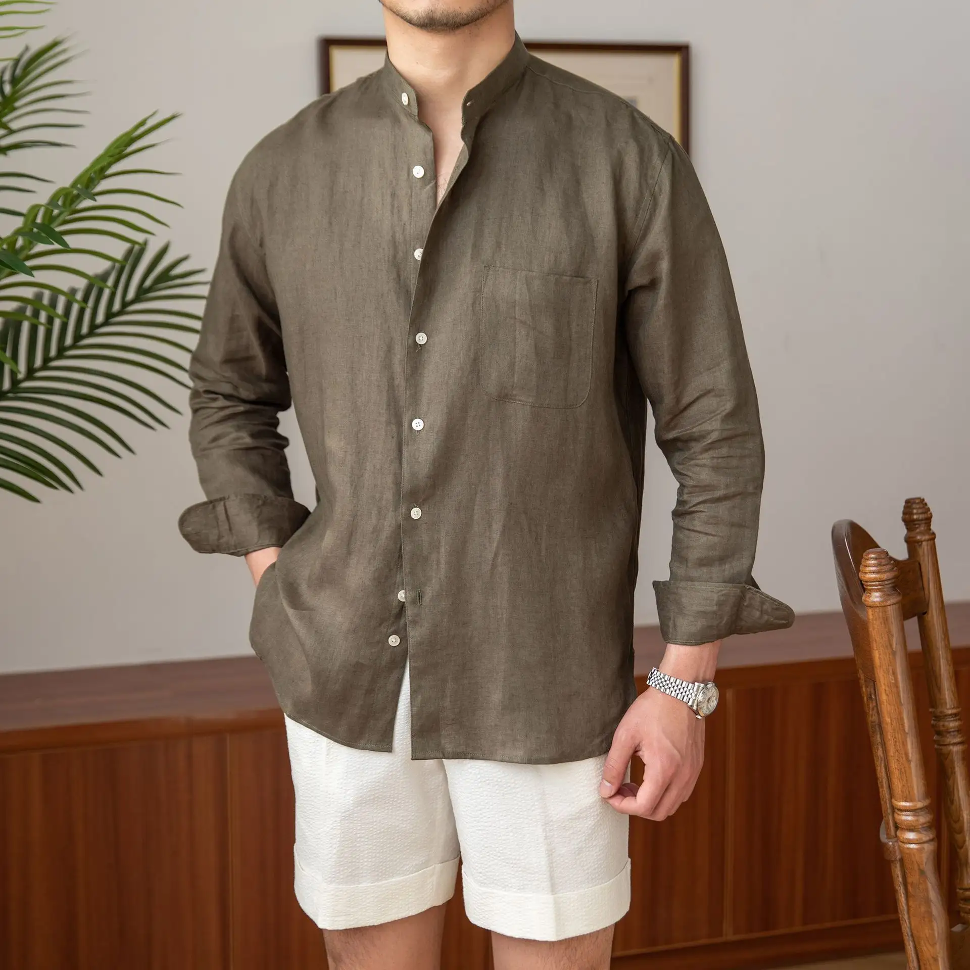 Long-sleeve Resort Shirt With A Stand-up Collar