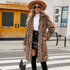 Women's Leopard Print Imitation Fur Plush Lapel Coat - Yellow Leopard Print - View 1