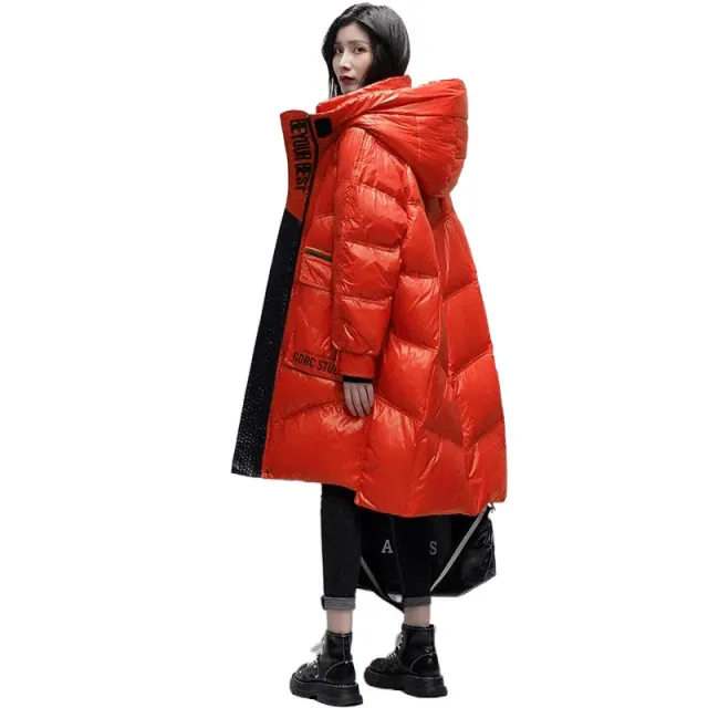 Polished Black Down Jacket Women's High end Mid length Coat Orange Red - Shop at LoveMi