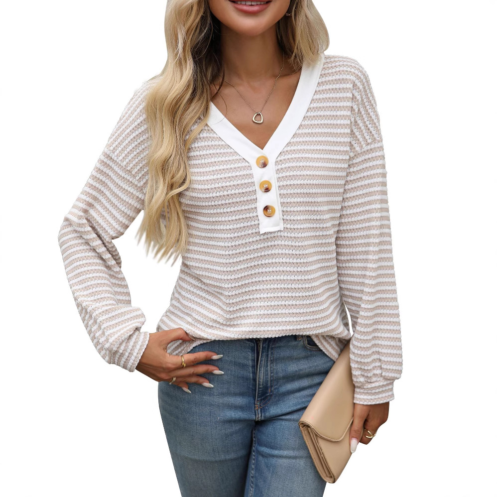 Women's V-neck Buttons Pullover Patchwork Casual Long-sleeved Top - Image 4