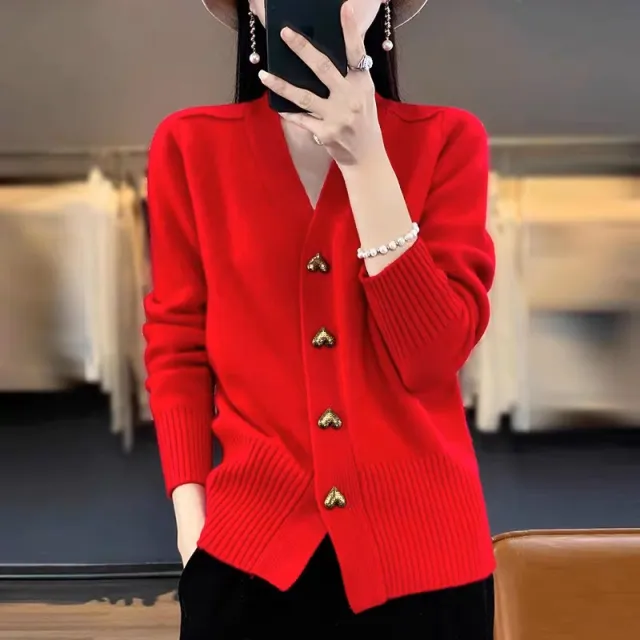Heart Buckle Solid Color Knitted V neck Cardigan Loose Sweater For Women Red - Shop at LoveMi