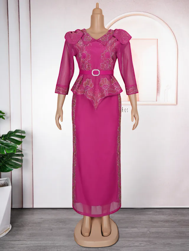 African Plus Size Fashion Rhinestone Christmas Evening Dress Rose Red - Shop at LoveMi