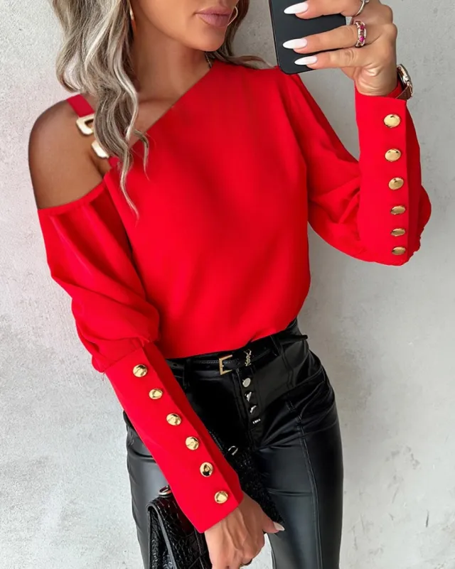 Solid Color Shoulder Collar Button Shirt For Women Red - Shop at LoveMi