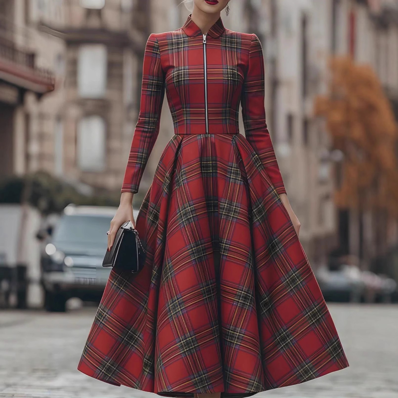 Stand-collar Long-sleeve Plaid Digital-print Zip-up Dress