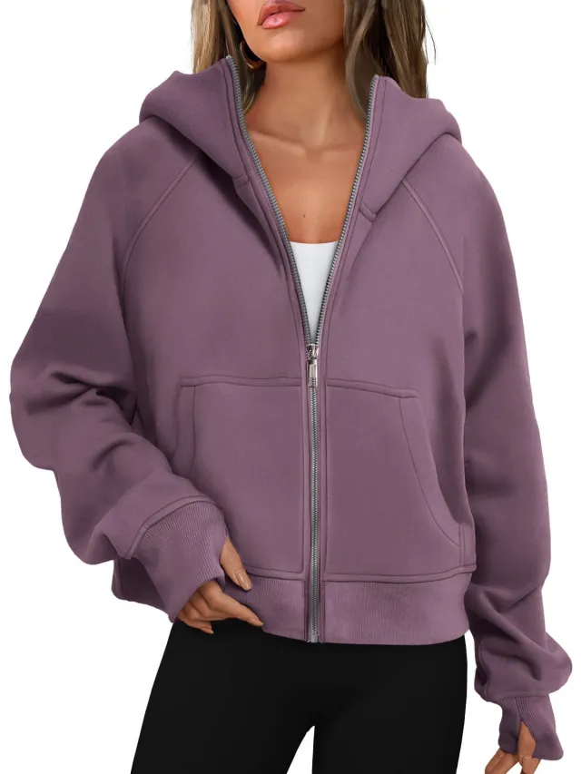 Loose Zip Long Hooded Thumb Hole Brushed Hoody Dark Purple - Shop at LoveMi