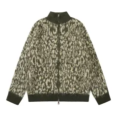 Double-headed Zipper Leopard Cardigan Sweater American Retro - Green - View 1