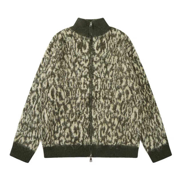 Double headed Zipper Leopard Cardigan Sweater American Retro Green - Shop at LoveMi