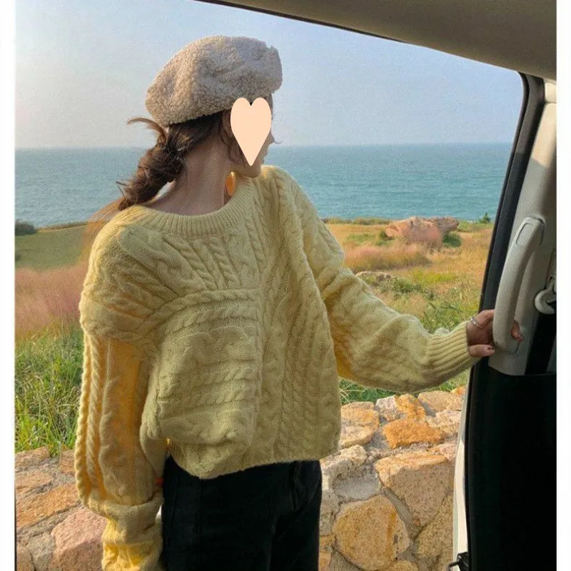 Autumn And Winter Lazy Style Loose Solid Color Twist Round Neck Sweater - Yellow