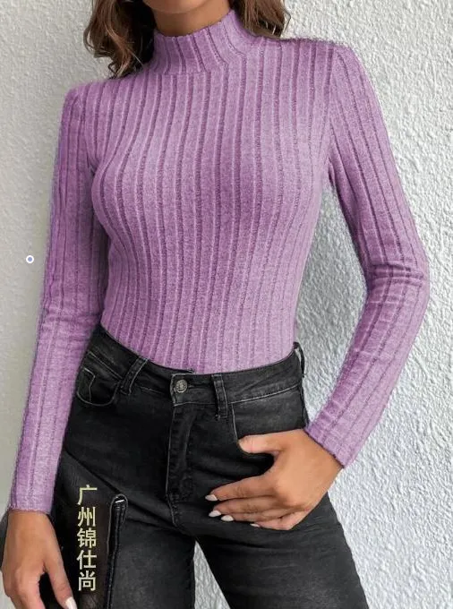 Half Turtleneck Sunken Stripe Brushed Soft Warm Sweater Violet Xl - Shop at LoveMi