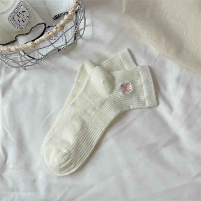 Bow Embroidered Short Thin Socks Milk White Pink Butterfly - Shop at LoveMi